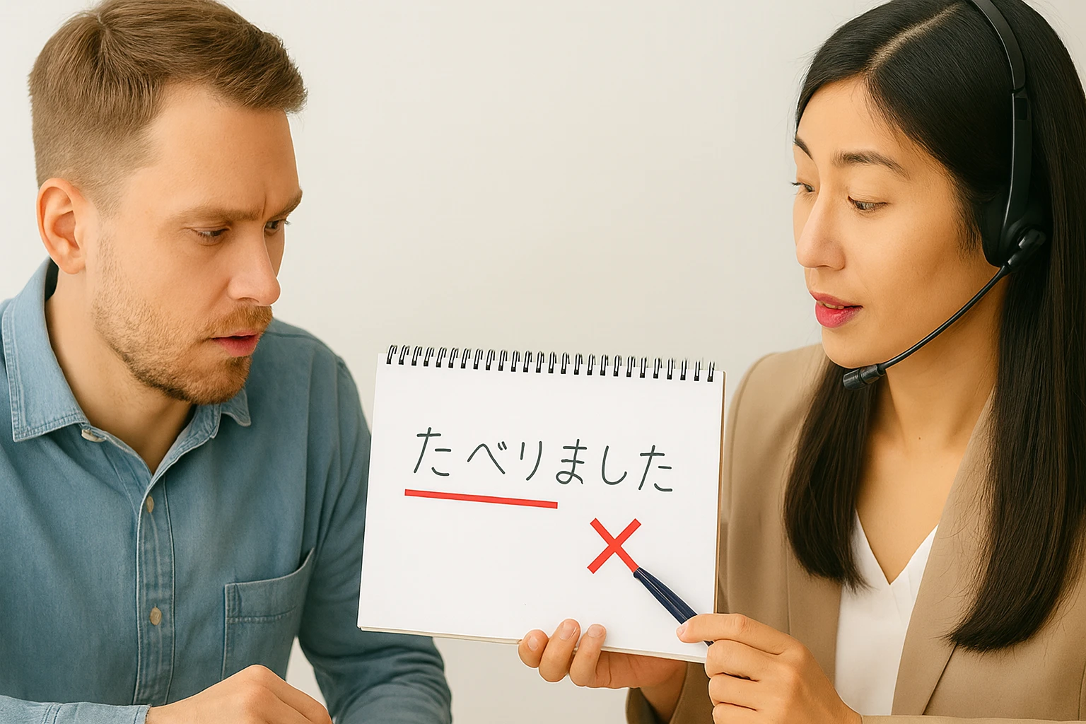 Experienced instructor accurately pointing out and correcting a student's Japanese mistakes