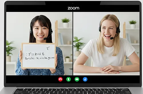 Una ilustración que explica el método de aprendizaje para las partículas japonesas Te, Ni, Wo, Ha